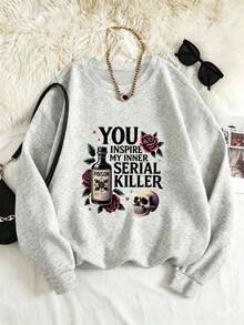Women's Loose Sweatshirt, Soft Crew Neck Casual Top, Long Sleeve With Creative Letter Print, Machine Washable, Versatile Fall Winter Must-Have - Light Grey - View 5