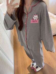 Gongdie 2pcs Disney Marie Women's Pajama Set, Autumn Grey Soft Cotton Loungewear With Pink Trim And Pockets - Light Grey - View 4