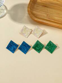 Vintage Blue Marble Pattern Rhombus Exaggerated Earrings, Gold Trim Geometric Square Design Women's Party Earrings - Multicolor - View 2