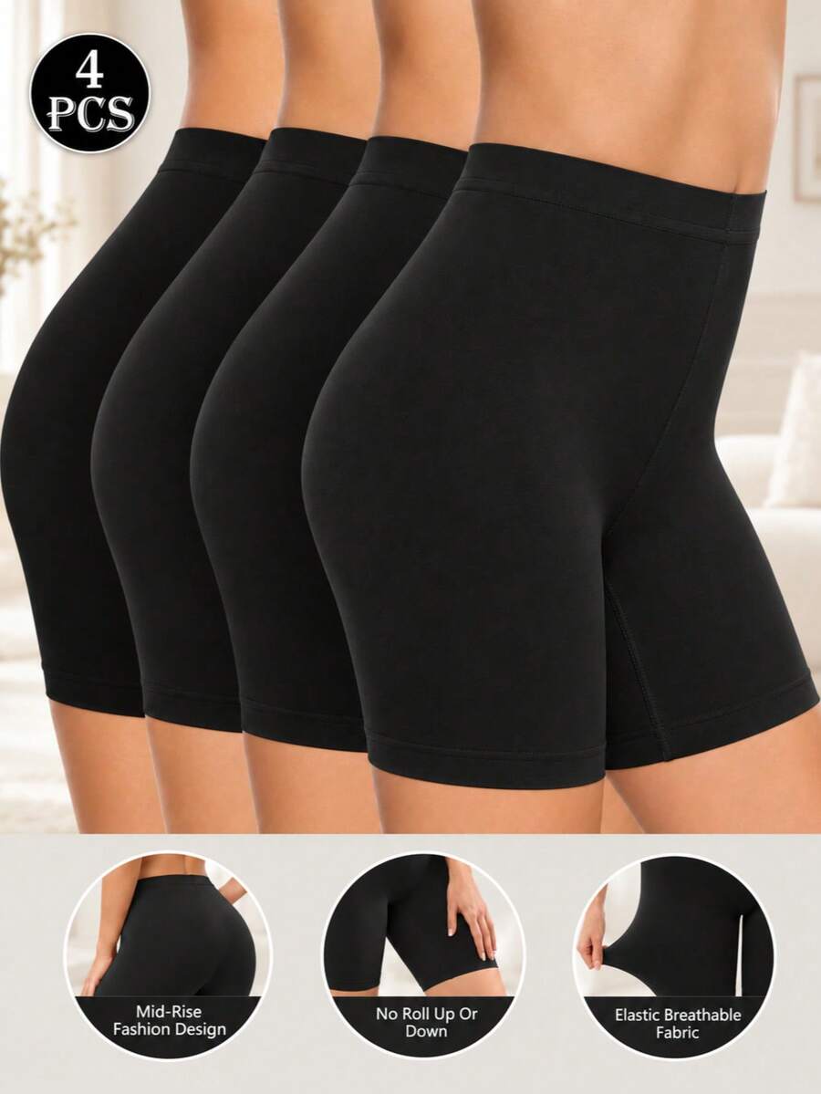 4pcs Plus Size Women's Cotton Boxer Briefs, Mid-Waist Boy-Style Anti-Chafe Cycling Shorts, Seamless Underwear Set - Black - View 1