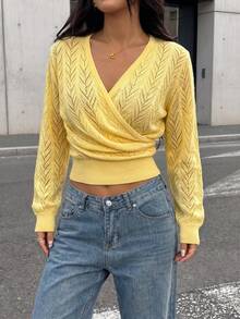 Women's Yellow Knit Short Cardigan, Medium Stretch Long Sleeve V-Neck Top, Ribbed Hem, Versatile For Daily Wear, Autumn - Yellow - View 7
