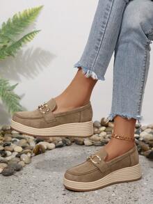 New Metal Chain Wedge Loafers For Women, Faux Suede Thick Sole Slip-On Comfortable High Heel Shoes For Commuting And Home - Apricot - View 5