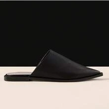 Women's Black Vintage Cowhide Pointed Toe Mule Slippers, Low Heel Closed Toe Slippers With Edge Sole Craft, Retro Design Commuter Shoes - Black - View 2