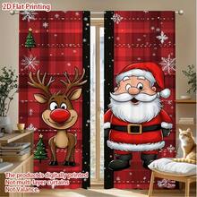 2D平面 2件組 2D平面印花聖誕馴鹿窗簾，Merry Christmas，穿桿設計，柔軟布料，適合打造臥室與書房的溫馨氛圍，完美搭配舒適的節日居家裝飾（非分層窗簾），2D平面 - C - 查看 4
