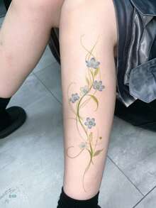 1pc Temporary Tattoo Sticker, Light Blue Small Flowers With Twisted Vine Line Pattern, Realistic Fake Tattoo Design, Suitable For Daily, Bachelorette Party Favors, Music Festivals, Cosplay, Graduation Gifts, Lasts 3-5 Days - Multicolor - View 5