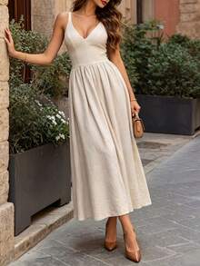 DONICY Women's Beige V-Neck A-Line Mid-Length Slip Dress, Casual Vacation Wear - Khaki - View 9
