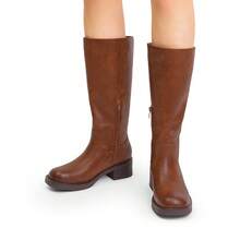 Women's Knee-High Boots, Comfortable Chunky Block Heel Pointed Toe Pull On Side Zipper Suede Slouch Riding Boots - Brown - View 10