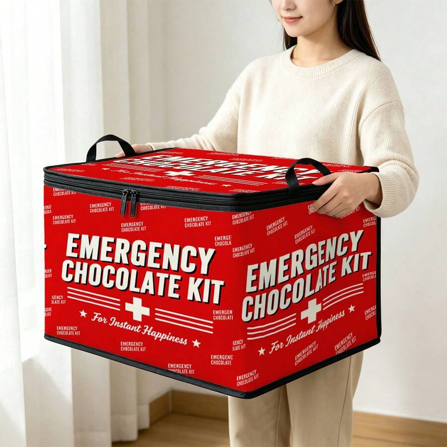 1pc 2DFat Thickened Foldable Zipper Storage Box With Fun Text All-Over Print Design, Suitable For Storing Clothes, Bedding, Nail Tools, Holiday Items, Fits Under Bed, Suitable For Book Organization, Car Trunk Storage, Cosmetics, Hair Styling Tools, Office, Home Organization, Blankets, Daily Small Items Large Capacity Storage, Wardrobe Placement And Moving Packing, Zipper Closure Secure Reinforced Handle Durable - Multi-color - View 1