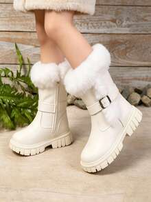 1 Pair Fuzzy High-Top Girls' Boots, Cute Functional Style With Buckle Design, Warm And Non-Slip, Suitable For Autumn/Winter, Daily Parent-Child Outings, School, Christmas New Arrival - White - View 7