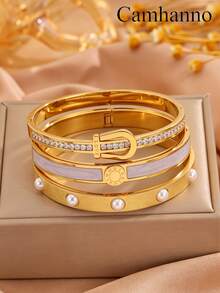 Camhanno 3/1pc Stainless Steel Plated 18K Gold Bracelet Set With Sand Faced Pearl For Women's Style, Handmade Set - Gold - View 8