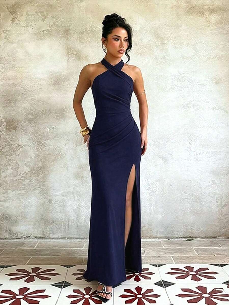 Autumn Navy Blue Halter Neck Sleeveless Slit Slimming Evening Dress, Elegant Party Dress