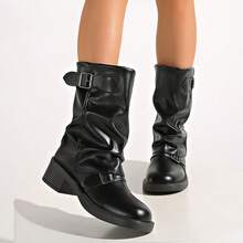 Women's Ruched Mid-Calf Boots, Double-Buckle Chunky Heel Platform Biker Boots, Plain Western Boots, All-Purpose Fall And Winter Street Boots,Dress - Black - View 6