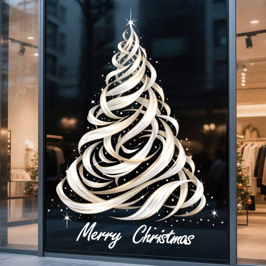 1件裝優雅緞帶聖誕樹窗貼，Merry Christmas文字搭配閃亮星星靜電窗貼，單面印刷可重複使用PVC玻璃貼紙，適用室內窗戶，現代聖誕節假期派對居家裝飾 - 多色 - 查看 1