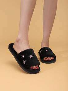 Women's Open Toe Home Slippers With Bow Knot, Elegant Fashion Fabric Embroidery, Quiet Floor Slippers For All Seasons - Black - View 5