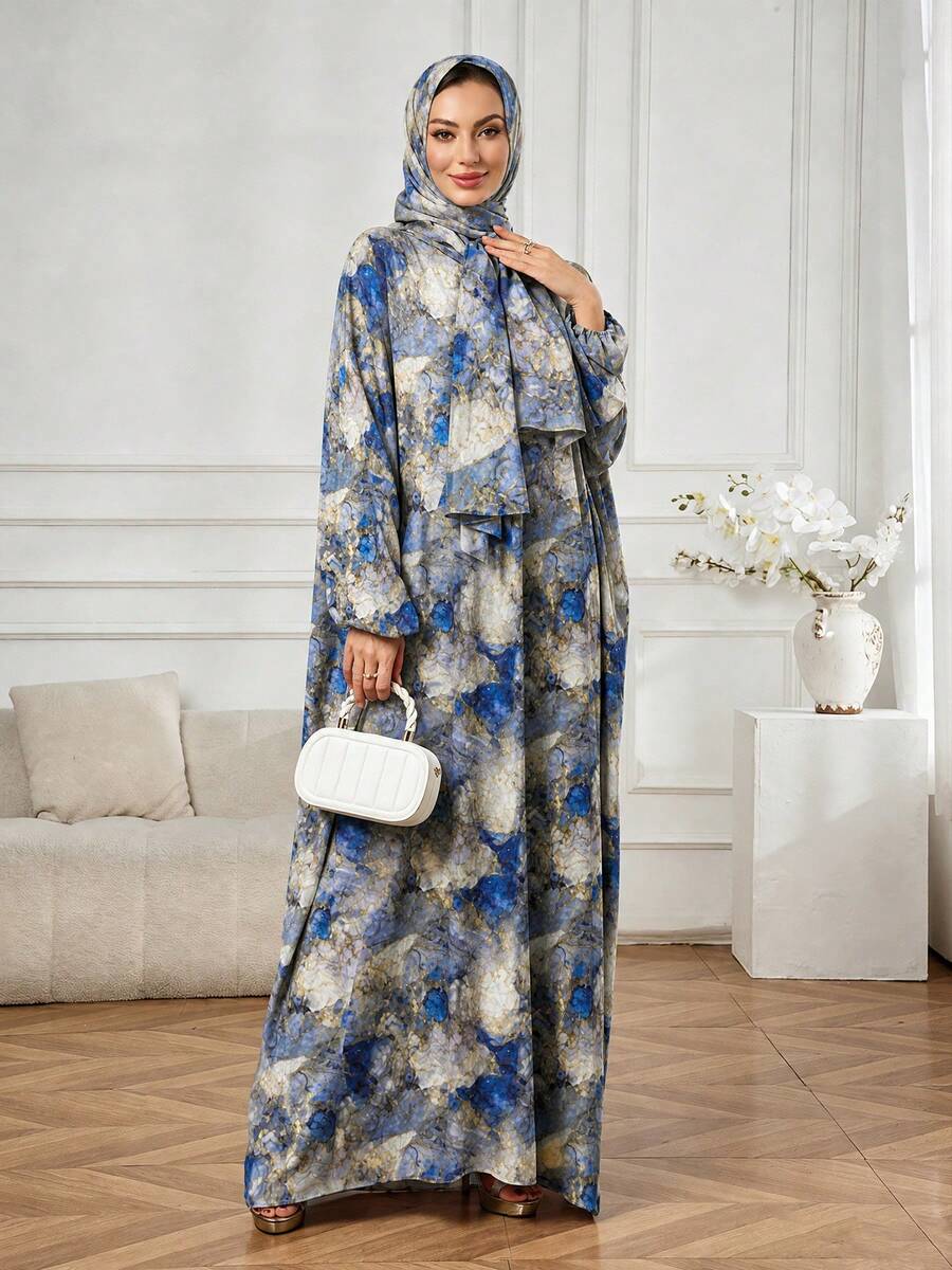 Abaya Panjang Motif Tinta Marmer Biru, Gaun Islami Panjang Longgar Lengan Panjang dengan Hijab Berkerudung yang Serasi, Cocok untuk Ramadan dan Idul Fitri, Busana Sholat Ramadan yang Konservatif - Royal Blue - View 1
