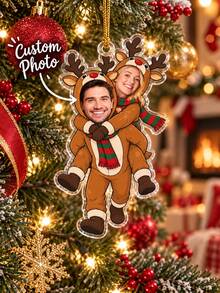 1pc Custom Photo Reindeer Couple Christmas Ornament, Personalized Face Tree Hanging Decoration, Playful Piggyback Holiday Keepsake, Festive Gift For Partners, Winter Home Decor, Christmas Gift - Brown - View 3