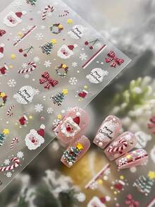 Cute Cartoon Christmas Nail Stickers 1Sheet, 3D Embossed Santa Candy Cane Xmas Tree Plaid Bow Snowflake Self-Adhesive Nail Decals, Easy Apply Winter Nail Art Decor - Multicolor - View 7