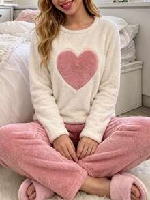 Autumn/Winter Casual Soft Plush 2 Pieces Pajama Set, Round Neck Heart Embroidery Long Top & Loose Wide Leg Pants, Warm Winter Loungewear - Pink - View 2