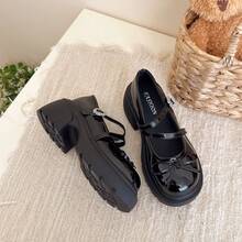 Black Round Toe Thick Sole Mary Jane Shoes For Women, Bowknot Double Buckle Rhinestone Buckle Platform Sole Sweet Cool JK Style Height Increasing Versatile Shoes - Black - View 2