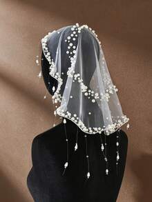 Elegant Pearl Beaded Bridal Veil Soft Tulle Short Wedding Veil With Dangling Tassel Edge Romantic Bride Headpiece Photo Accessories - Off White - View 4