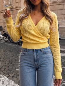 Women's Yellow Knit Short Cardigan, Medium Stretch Long Sleeve V-Neck Top, Ribbed Hem, Versatile For Daily Wear, Autumn - Yellow - View 8