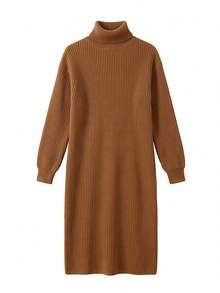 Women's Fall Winter Solid Turtleneck Ribbed Knit Midi Dress, Slim Fit Bodycon Long Sleeve Sweater Dress, Elegant Casual Layering Outfit - Brown - View 10