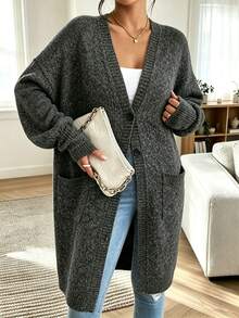 Plus Size Casual Fashion Versatile V-Neck Button Pocket Long Sleeve Knit Long Cardigan - Dark Grey - View 8