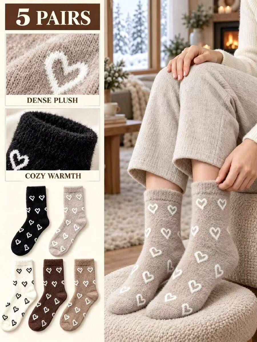 5 Pairs Unisex Heart Couple Fuzzy Crew Floor Socks, Vintage Star Jacquard Faux Mink Fur Warm Knit Socks, Stretch Rib Cuff Cozy Thermal Home Sleeping - Multicolor - View 1