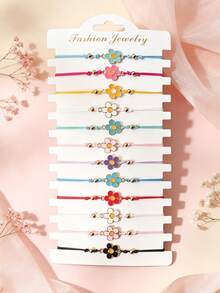 12pcs/Set Alloy 5-Petal Flower Woven Bracelet Set, Colorful Adjustable Personalized Friendship Bracelets For Back To School - 12pc Flowers - View 4