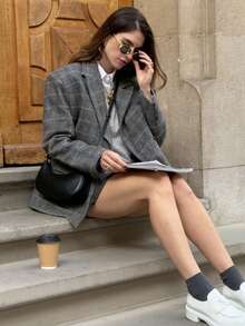 Women's Autumn/Winter New Fashion Commute Versatile Casual Minimalist Premium Herringbone Wool Button Long Sleeve Blazer - Grey - View 9