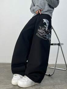 Justice Brother 1pc Korean Style Embroidered Men's Loose Wide Leg Denim Jeans Fashion All-Season Versatile Long Pants (Belt/Accessories Not Included) - Black - View 2