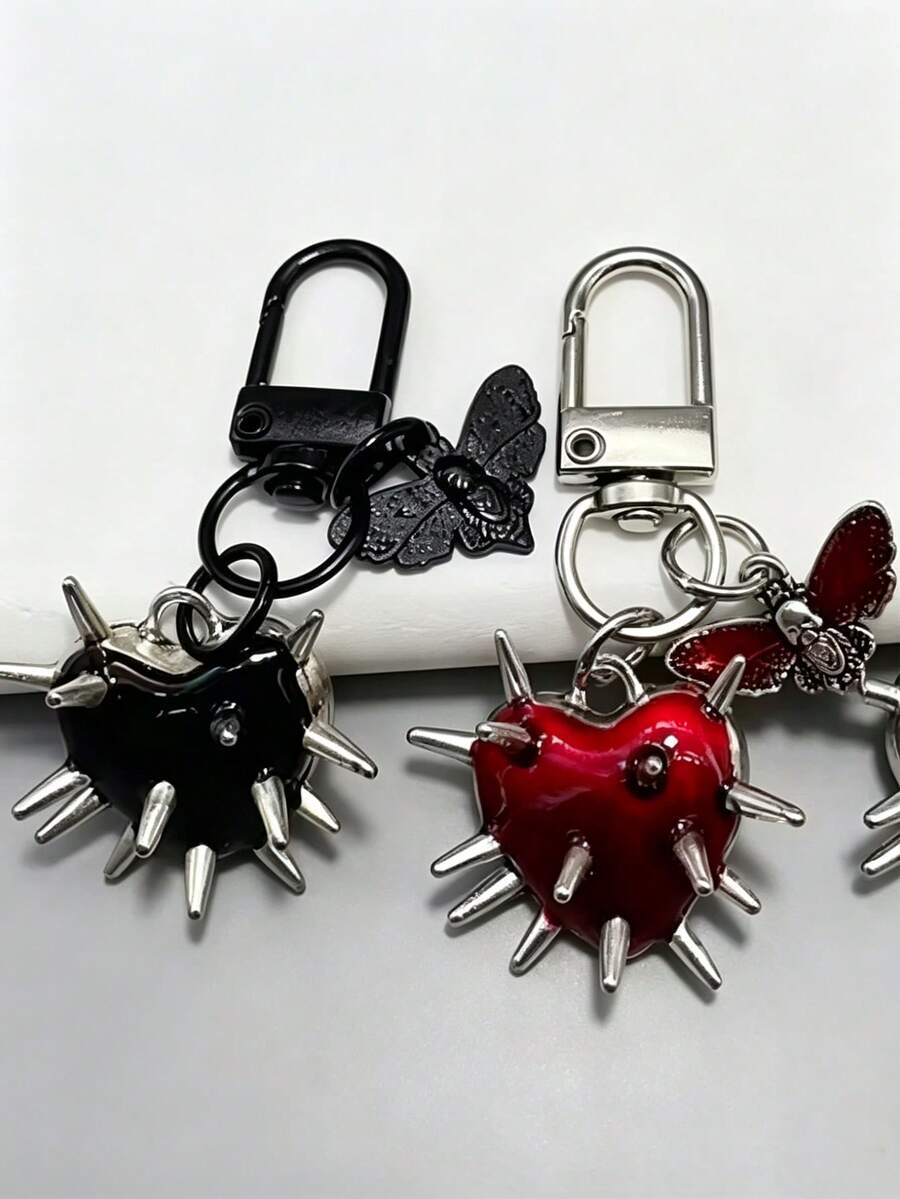1pc Punk Style Thorn Heart & Skull Moth Women's Keychain, Bag, Key, Holiday Accessory - Multicolor - View 1