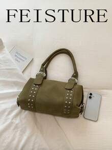 FEISTURE 1pc Rivet Embellished Women's Handbag, Solid Color PU Material Tote Bag, Suitable For Girls, Women, College Students, New Professionals And White-Collar Workers, Perfect For Work, Business, Commuting, School - Green - View 7