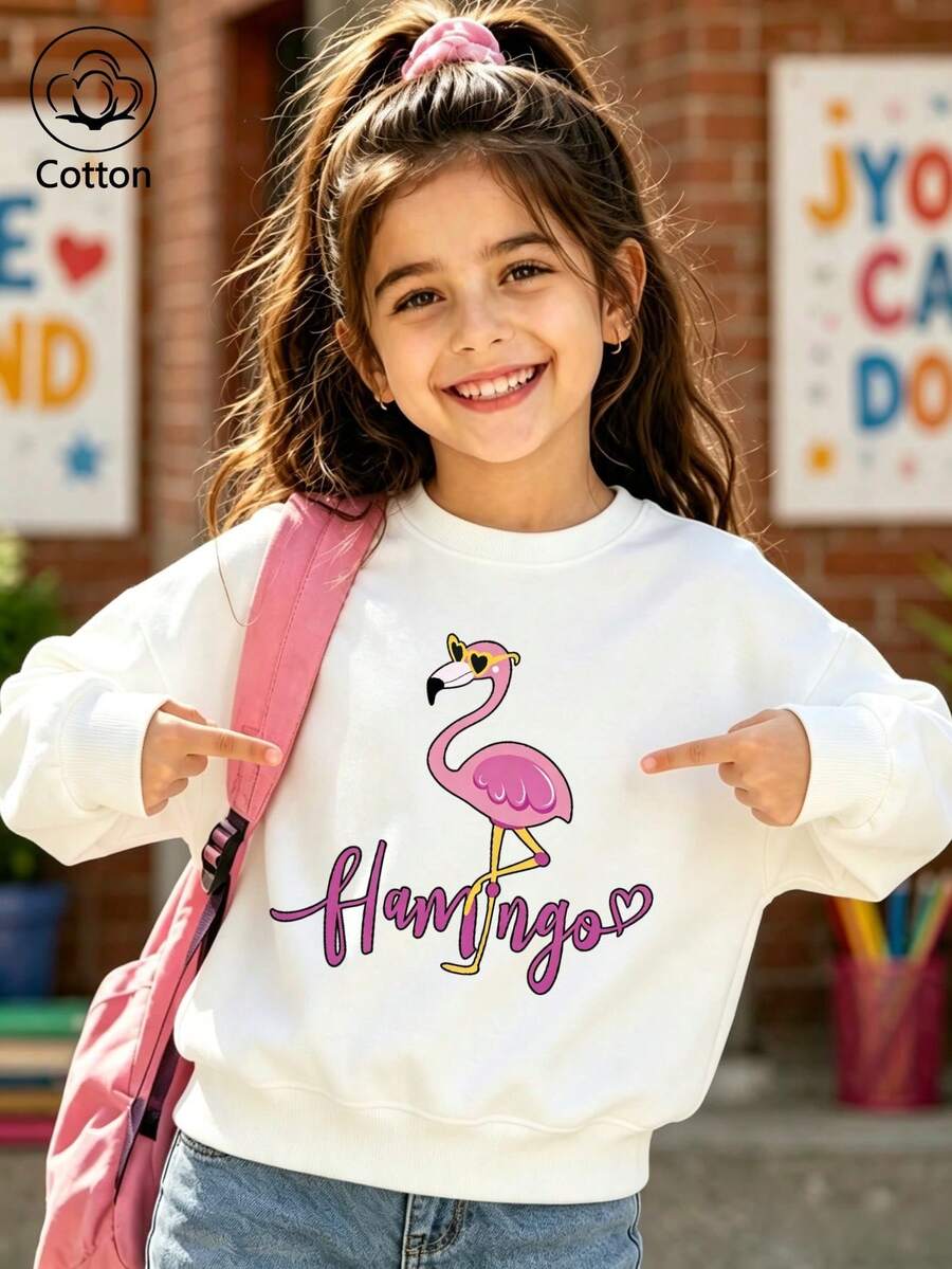 Summer Cartoon Flamingo, Sweet And Whimsical Kids' Sweatshirt - White - View 1