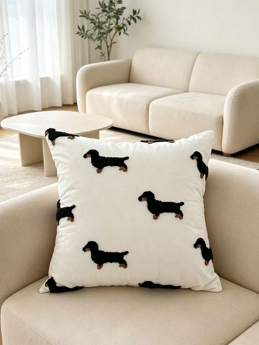 1pc Pillow Case, Dachshund Embroidery Design, 100% Polyester, Zipper Closure, No Filling, Suitable For Living Room, Bedroom And Dining Room Decor - White - View 1