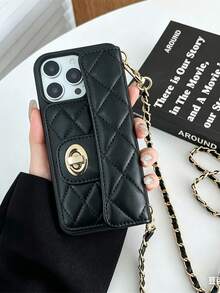 1pc Luxury Fragrance Style Quilted Chain Lock Card Holder Crossbody Phone Case, Premium Wool Pattern Quilted Microfiber Leather, Crossbody Leather Chain Coin Card Wallet Portable Protective Shell Suitable For Women Compatible With Apple/ Galaxy S24 Ultra 17 Pro Max/16 Pro Max/12 Pro/13/14 Plus/15 Pro Max/18/18 Pro Max - Black - View 3