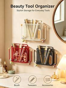1pc Wall-Mounted Storage Basket, Minimalist Metal Mesh Rectangular Storage Basket With Side Hooks, No-Drill Wall Hanging Rack, Suitable For Bathroom, Bedroom, Dorm, Home Daily Storage - Multicolor - View 2