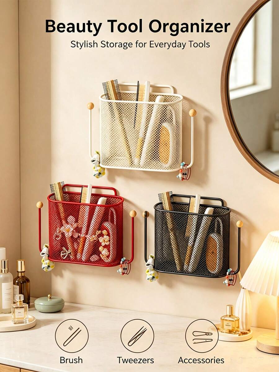 1pc Wall-Mounted Storage Basket, Minimalist Metal Mesh Rectangular Storage Basket With Side Hooks, No-Drill Wall Hanging Rack, Suitable For Bathroom, Bedroom, Dorm, Home Daily Storage