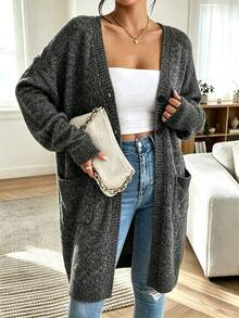 Plus Size Casual Fashion Versatile V-Neck Button Pocket Long Sleeve Knit Long Cardigan - Dark Grey - View 6