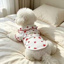 1PC Cute Ruffle Collar Dog T-Shirt With Pearl Bow Decor, Strawberry Heart Cherry Print Ribbed Knit Puppy Short Sleeve Top, Soft Pet Clothes For Small Dogs Bichon Teddy Daily Outfit - Multicolor - View 4