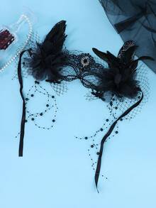 Gothic Black Lace Feather Masquerade Mask Black Gem Beaded Tassel Halloween Cosplay Dark Bridal Wedding Carnival Party - Black - View 4