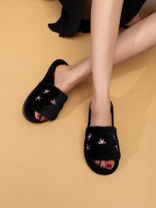 Women's Open Toe Home Slippers With Bow Knot, Elegant Fashion Fabric Embroidery, Quiet Floor Slippers For All Seasons - Black - View 2