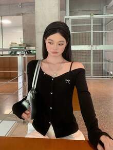Korean Style Asymmetrical Shoulder Bow Long Sleeve T-Shirt Women Autumn Slim Fit Adjustable Shoulder Strap Asymmetrical Shoulder Top - Black - View 8