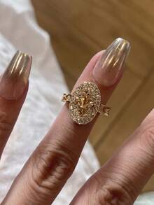 3pcs Old Money Style Vintage Full Rhinestone Iris Flower Rings, Luxury Retro Niche High-End Feel, Stackable Rhinestone Index Finger Ring Band, Versatile Fashion Accessory For Daily Commute - Gold - View 5