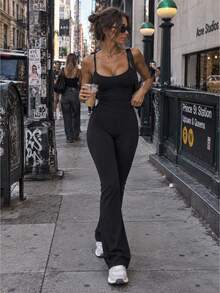 Women's Ribbed Seamless High Waist Flare Yoga Leggings - Black - View 3