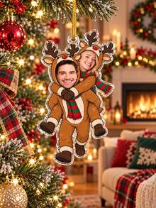 1pc Custom Photo Reindeer Couple Christmas Ornament, Personalized Face Tree Hanging Decoration, Playful Piggyback Holiday Keepsake, Festive Gift For Partners, Winter Home Decor, Christmas Gift - Brown - View 8
