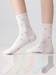 ZUJO 5 Pairs Solid Color Women's Mid-Calf Socks, Floral And Cherry Patterns, Versatile Soft And Comfortable, Sleep Socks Postpartum Socks Slouch Socks, Suitable For Spring Autumn Winter, Random Color Shipping - Multicolor - View 3