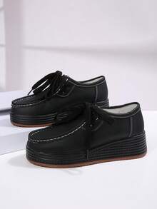Women's Wedge Heel Thick Sole Loafers, Retro Leather Upper, Versatile Round Toe Front Lace-Up Casual Sneakers, Solid Color - Black - View 7