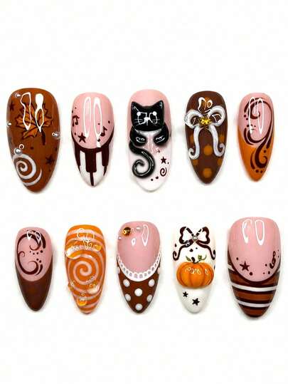 10pcs Autumn/Winter Y2K Style Press-On Nails, Color Block Design (Black Cat, Pumpkin, Brown, Pink), Maple Leaf/Bow Decor, Medium-Long Almond Shape, Suitable For Girls And Women Daily Wear And Autumn Outfit