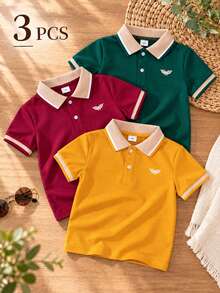 3pcs/Set Kids & Boys Fashion Casual Embroidered Colorblock Short Sleeve Polo Shirt - Multicolor - View 1